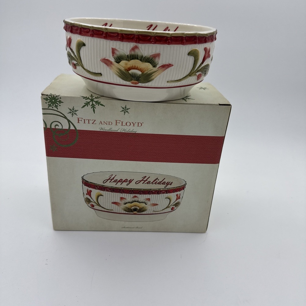 Fitz & Floyd WOODLAND HOLIDAY Sentiment 'HAPPY HOLIDAYS' Serving Bowl
